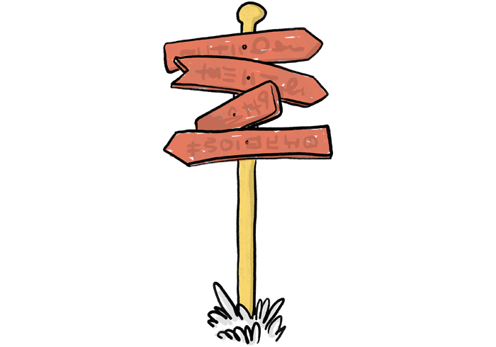 Teikninga af vegvísi sem táknar stefnur.