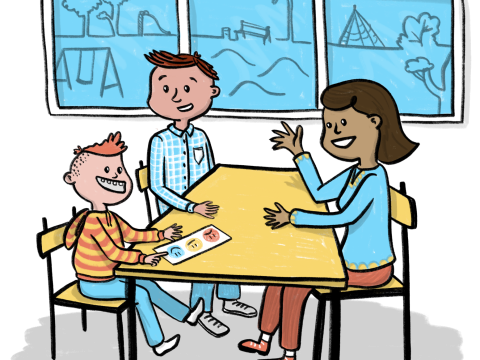 Foreldrar, nemendur og kennarar spjalla